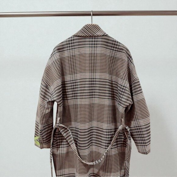 NWT J.ING Jing Brown Plaid Checker Print Coat Jacket with Tie - Picture 3 of 10